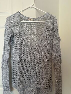 Hollister Light Gray Open-Weave V-Neck Sweater